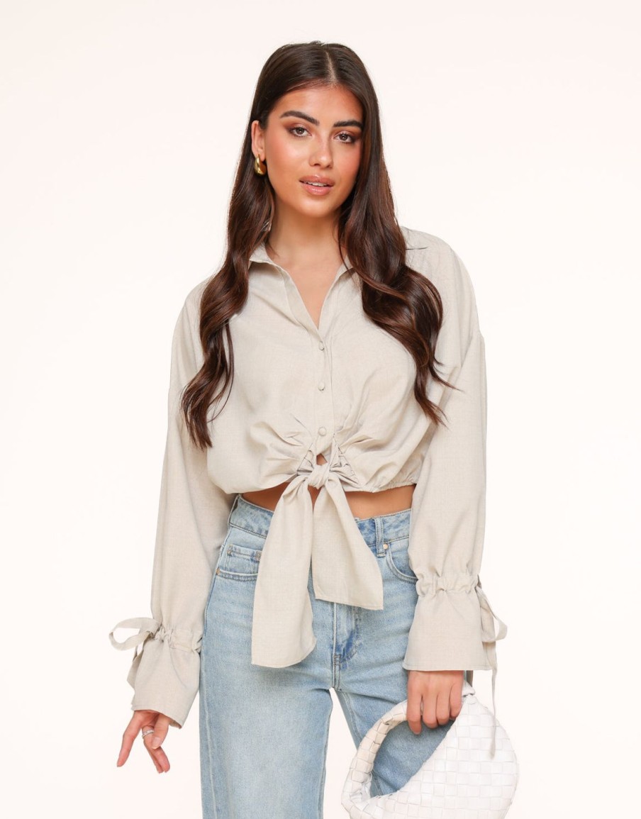 Tops | Olivia & Kate Beige Gestrikte Cropped-Blouse