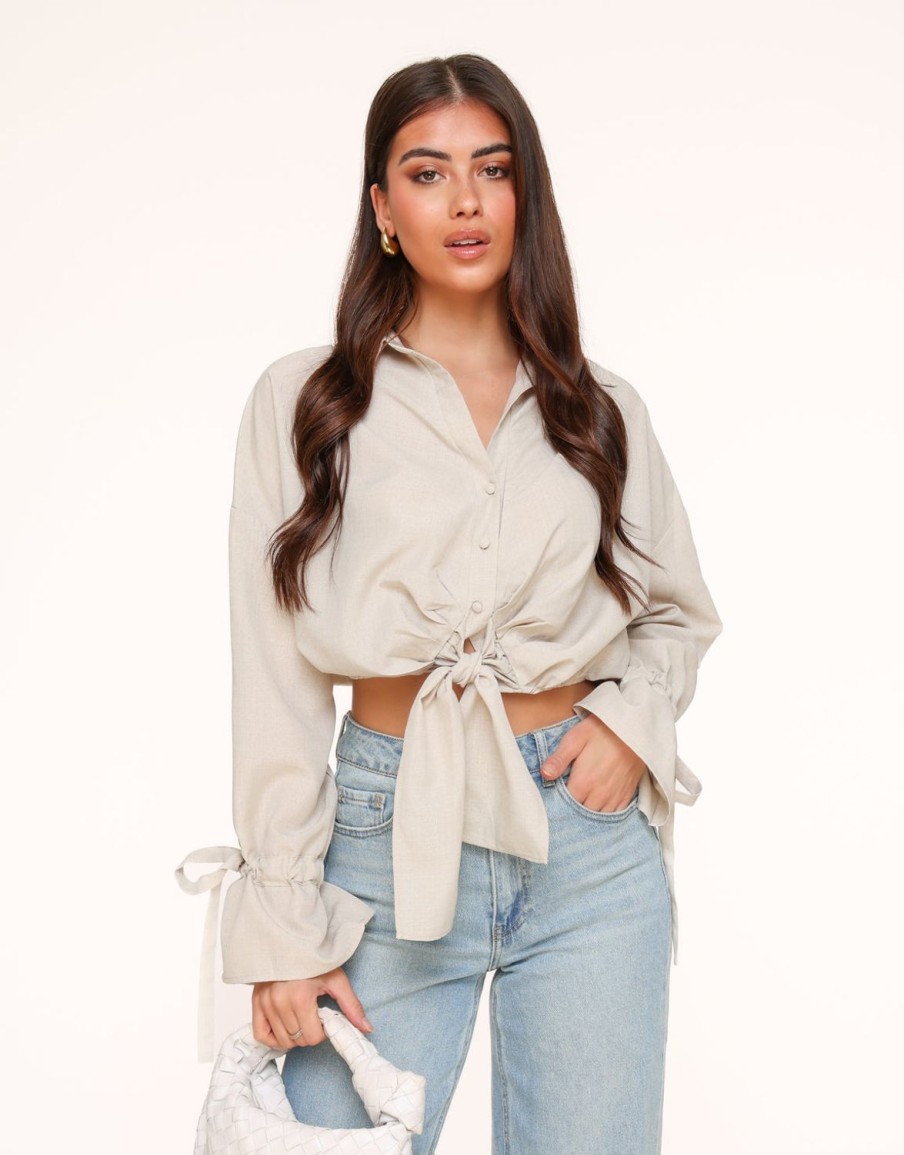 Tops | Olivia & Kate Beige Gestrikte Cropped-Blouse