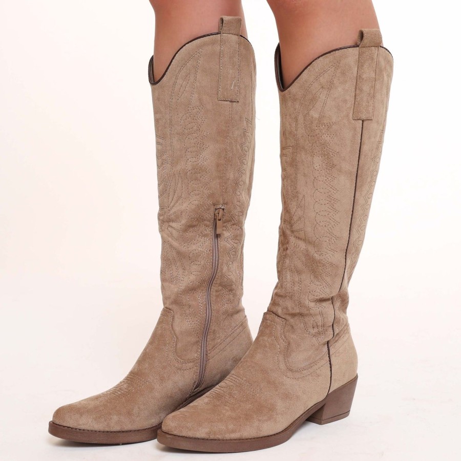 Laarzen | Olivia & Kate Beige Hoge Suede Cowboy-Laarzen