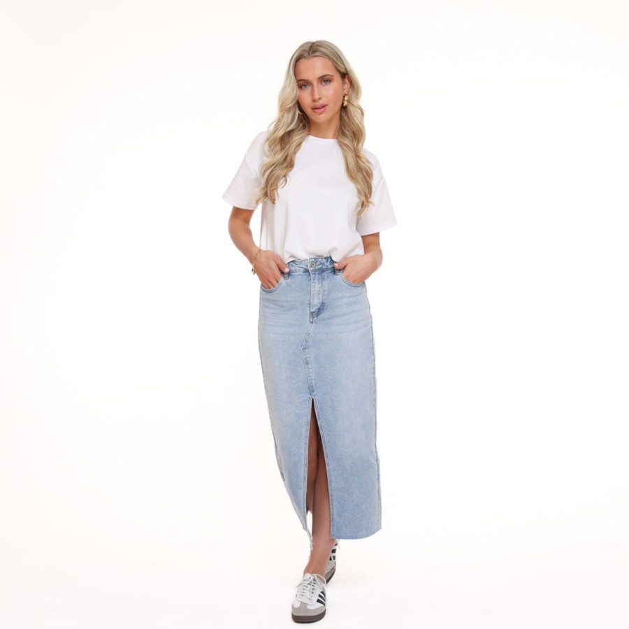 Rokken | Olivia & Kate Lichtblauwe Denim Split-Rok