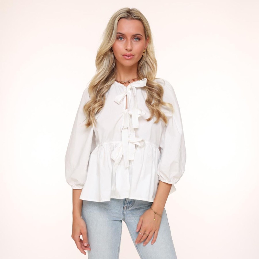 Tops | Olivia & Kate Witte Strikjes 3/4 Mouwen-Blouse