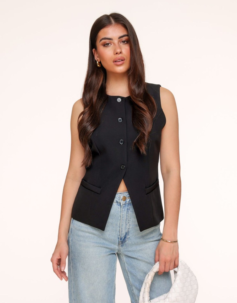 Tops | Olivia & Kate Zwarte Hoge Knopen-Gilet