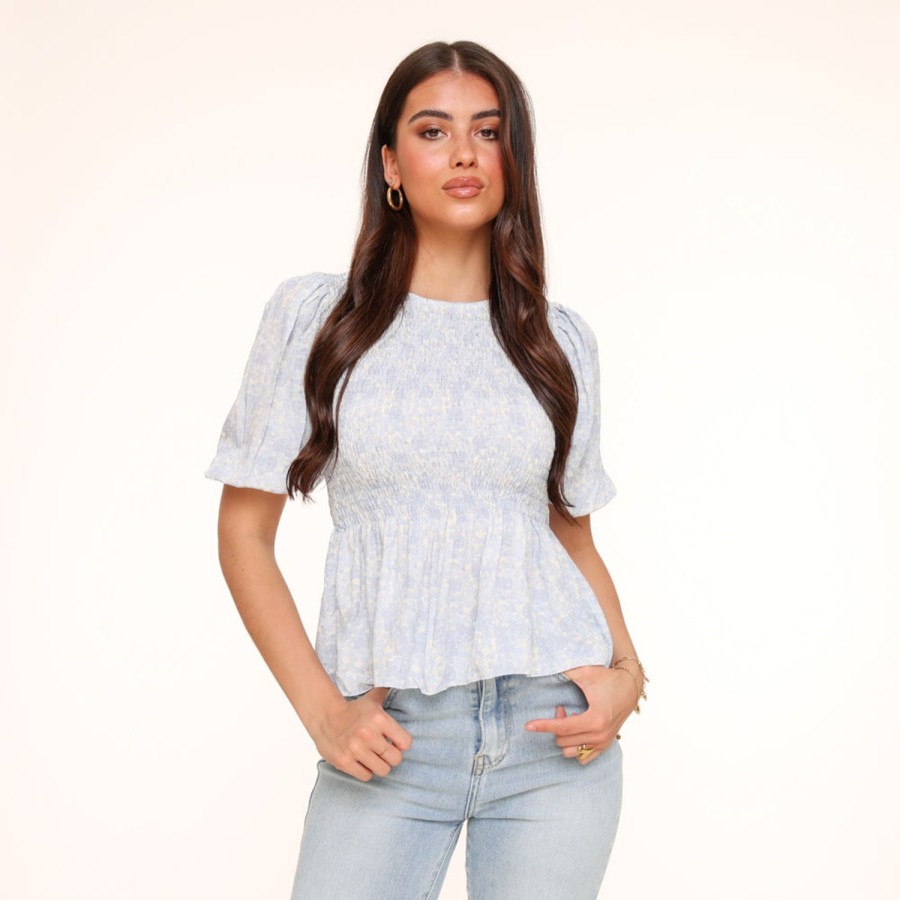 Tops | Olivia & Kate Lichtblauwe Bloemen Stretchy Ss-Top