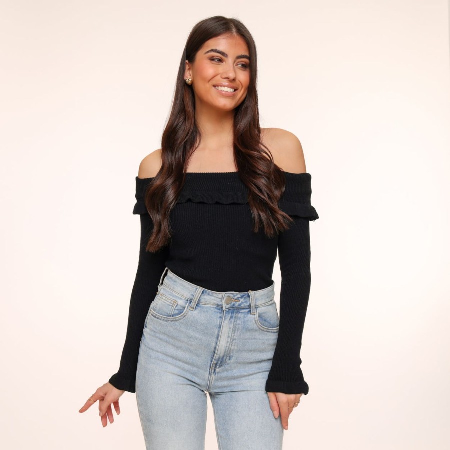 Tops | Olivia & Kate Zwarte Elastische Ruffel Off Shoulder-Top