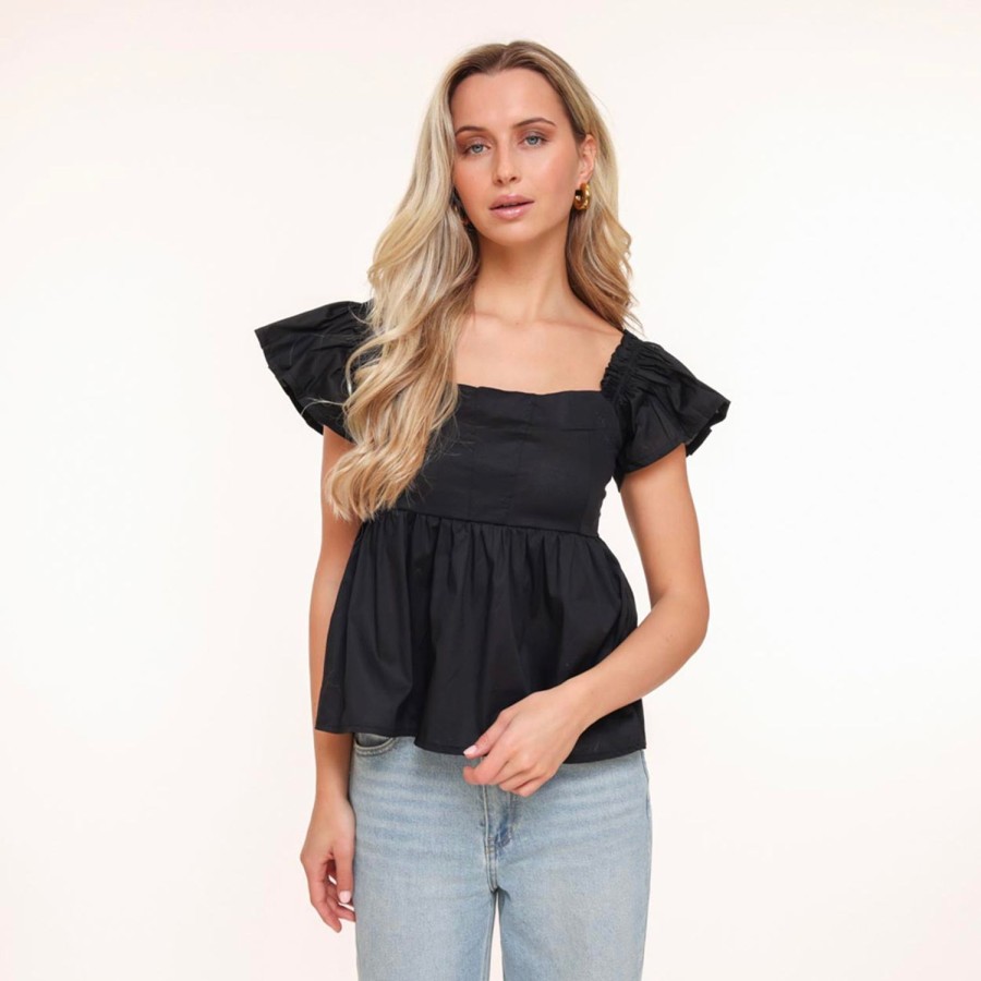 Tops | Olivia & Kate Zwarte Ruffel Ss Mouwen-Top