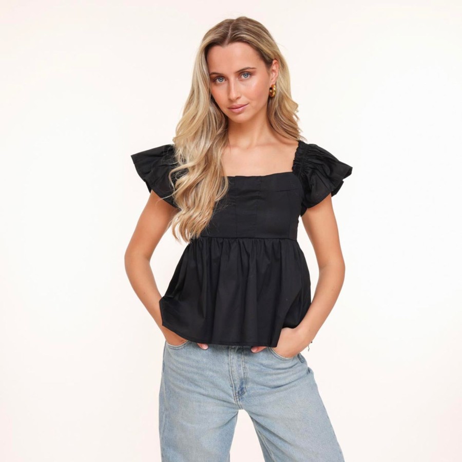 Tops | Olivia & Kate Zwarte Ruffel Ss Mouwen-Top