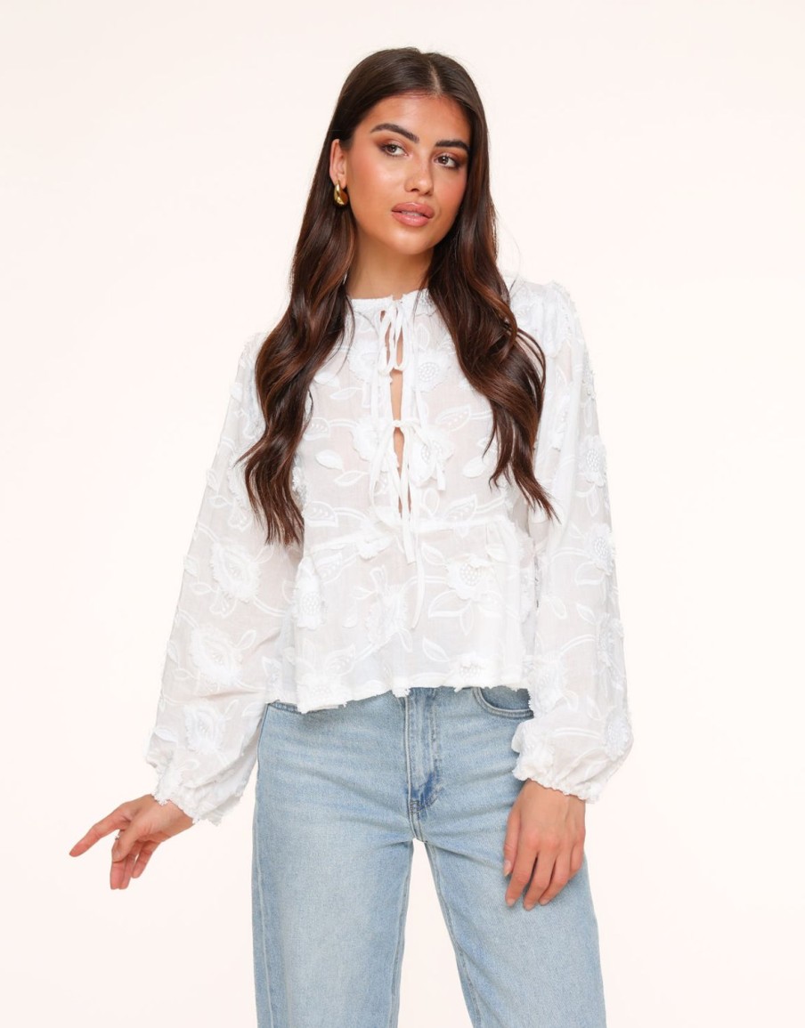 Tops | Olivia & Kate Witte Bloemen Lange Mouwen Strikjes-Blouse