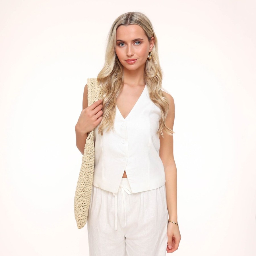 Gilets | Olivia & Kate Witte Lage V-Hals Linnen-Gilet