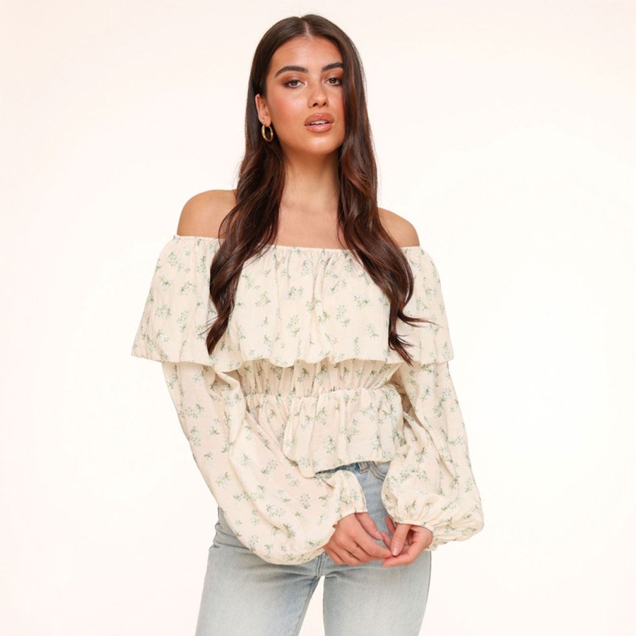 Tops | Olivia & Kate Army Groene Bloemen Off Shoulder-Top