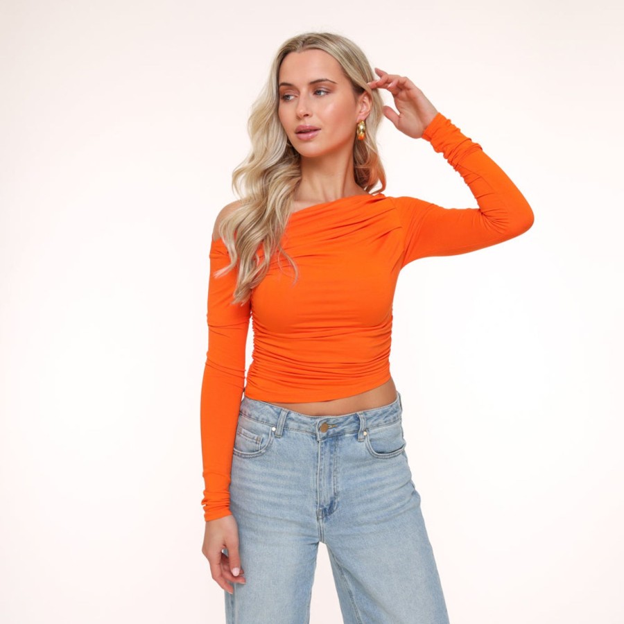 Tops | Olivia & Kate Oranje Gedrapeerde Off Shoulder-Top