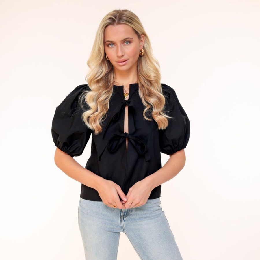 Tops | Olivia & Kate Zwarte Strikjes Korte Pofmouwen-Top