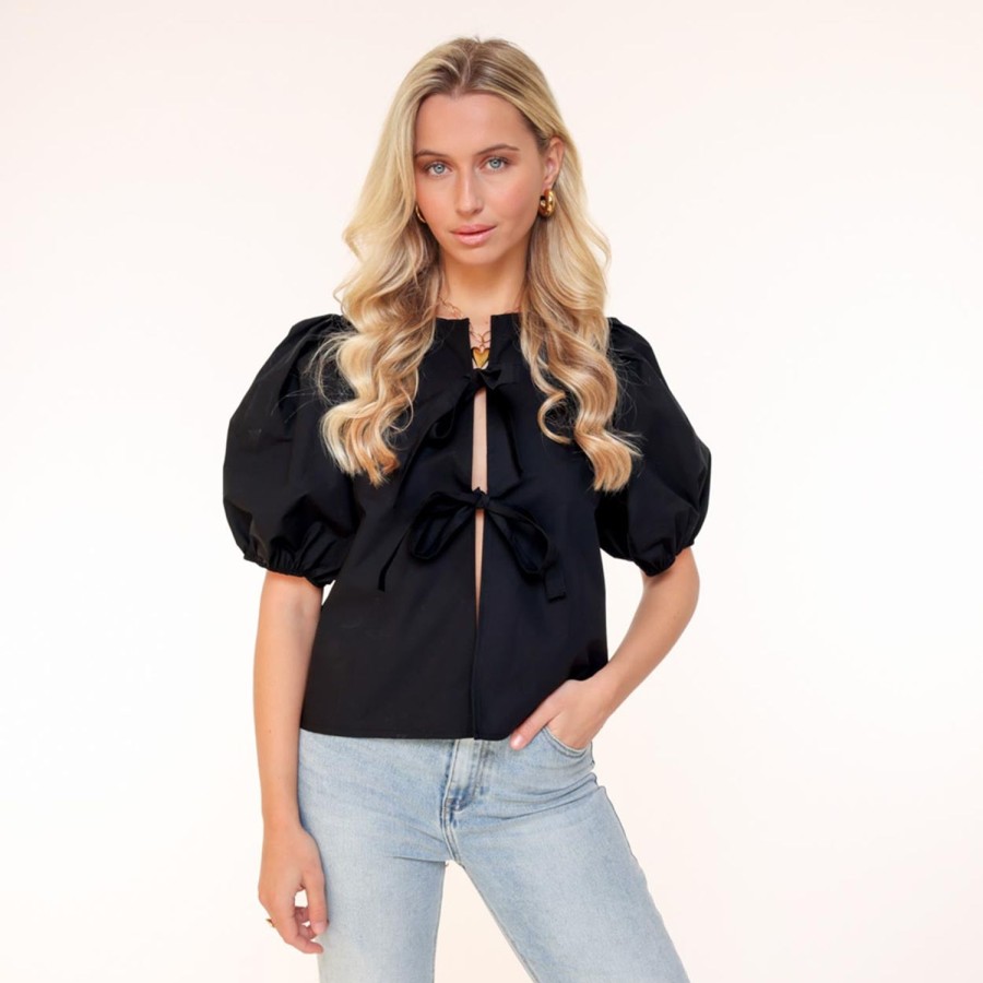 Tops | Olivia & Kate Zwarte Strikjes Korte Pofmouwen-Top