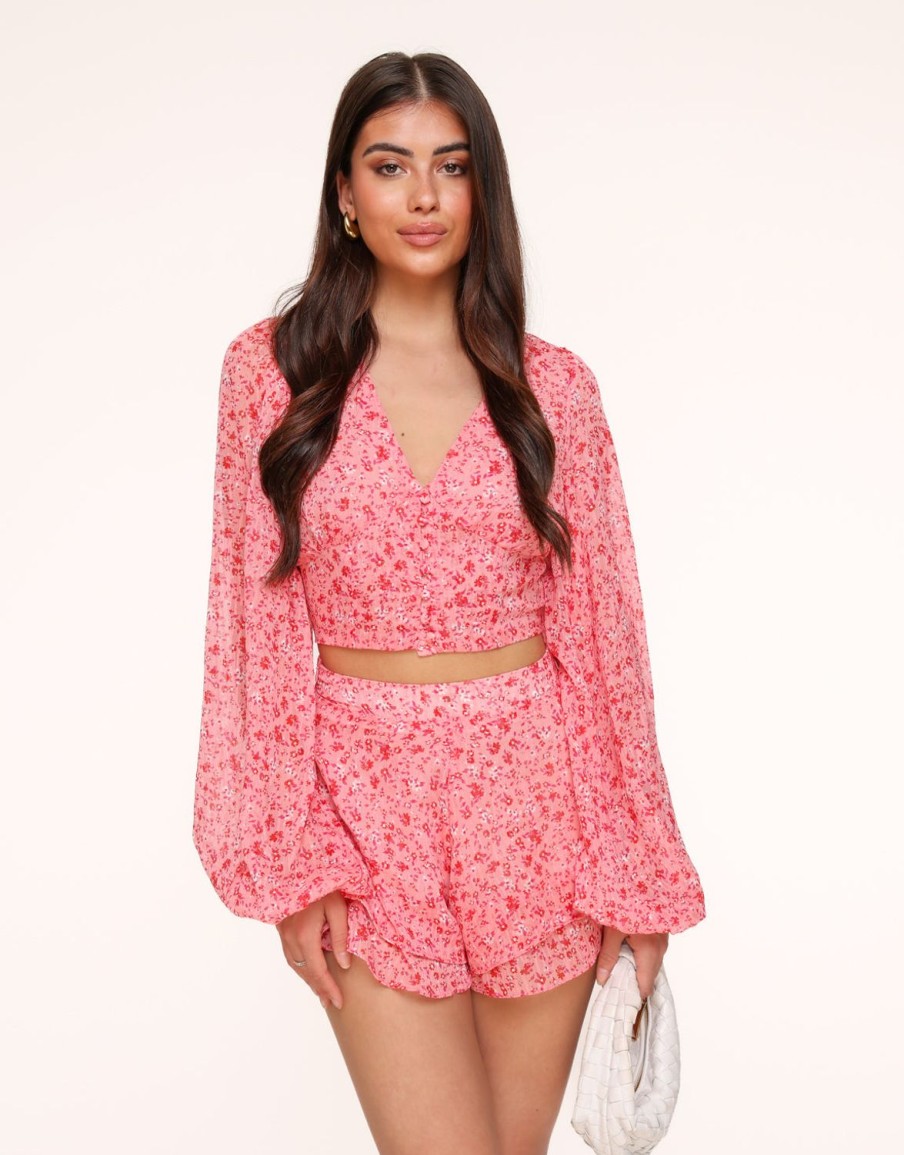 Tops | Olivia & Kate Roze Bloemen V-Hals-Top