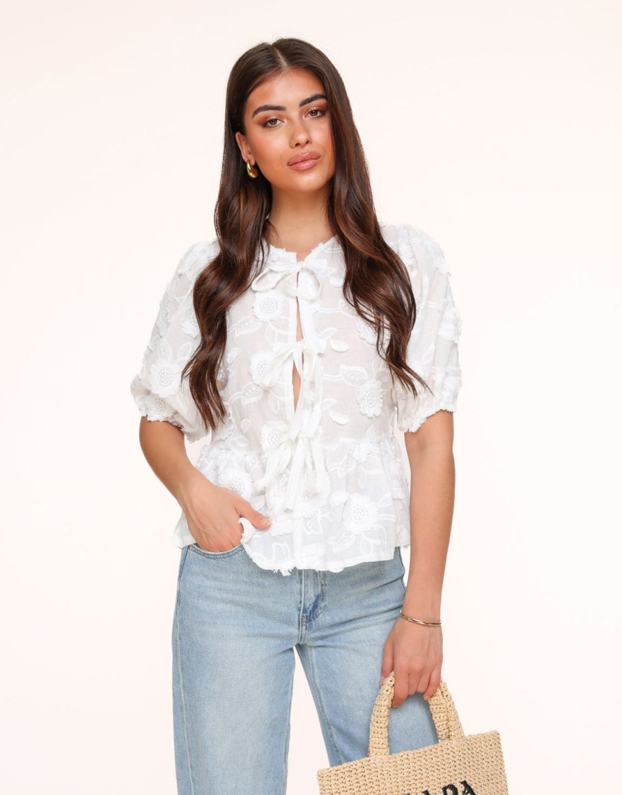 Tops | Olivia & Kate Witte Bloemen Korte Pofmouwen Strikjes-Blouse