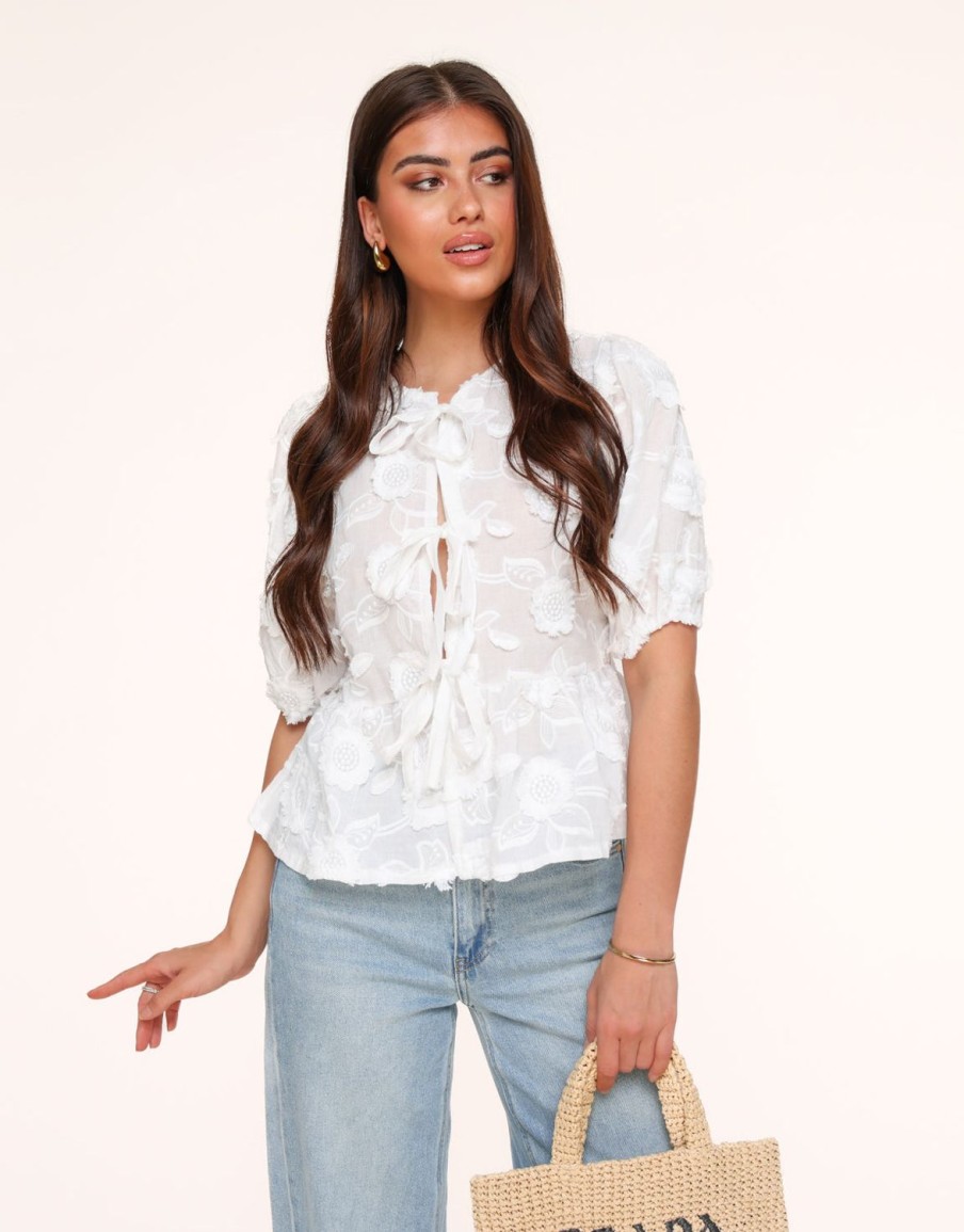 Tops | Olivia & Kate Witte Bloemen Korte Pofmouwen Strikjes-Blouse