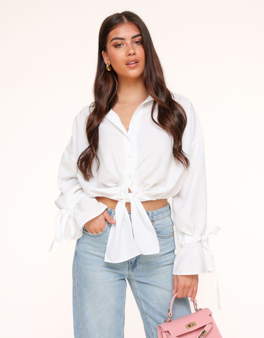 Tops | Olivia & Kate Witte Gestrikte Cropped-Blouse