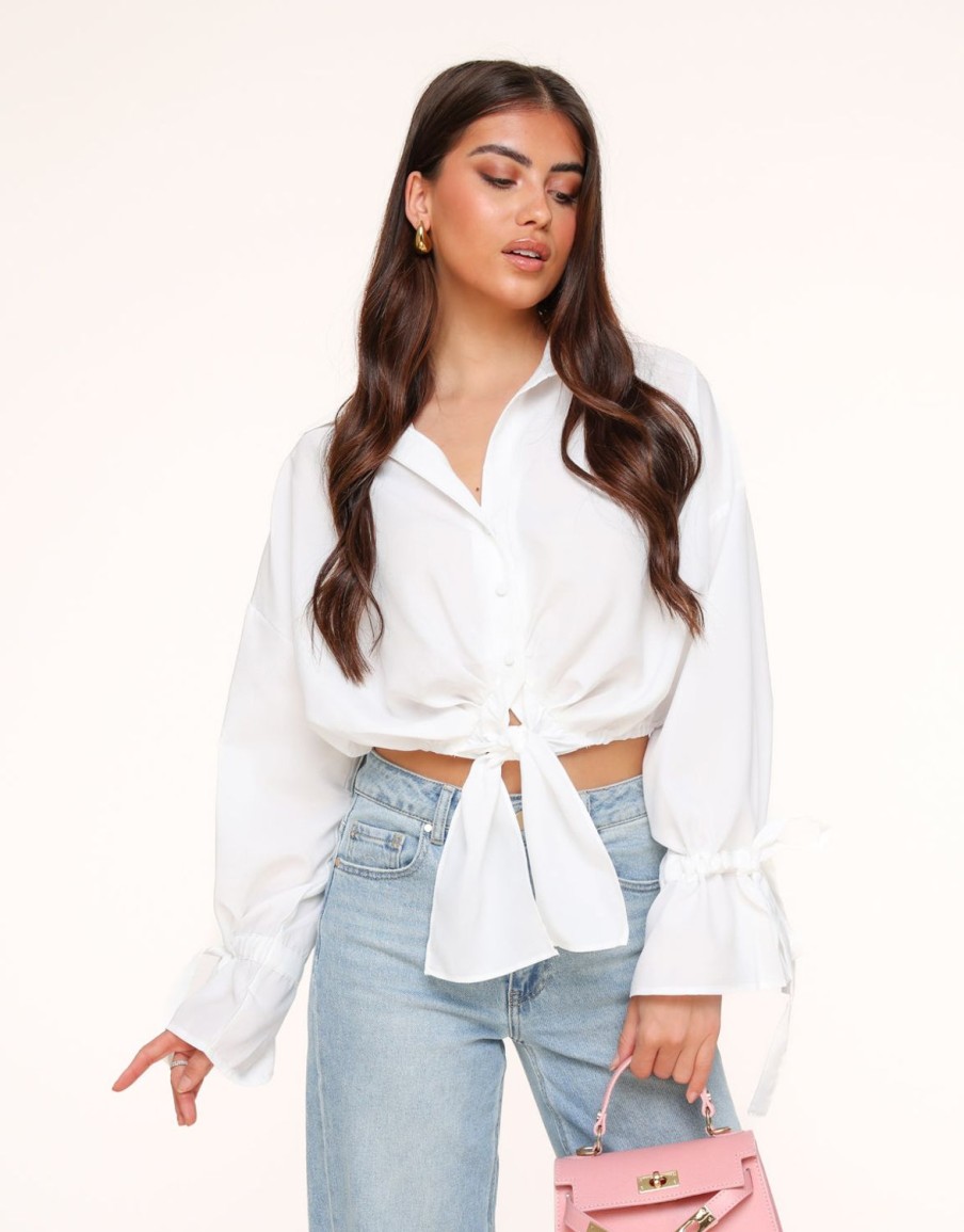 Tops | Olivia & Kate Witte Gestrikte Cropped-Blouse